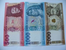 Ungarn 500, 1000, 2000 Forint 2021/2025, Neu Zustand