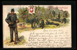 Litho Schweizer Soldaten beim Kochen auf