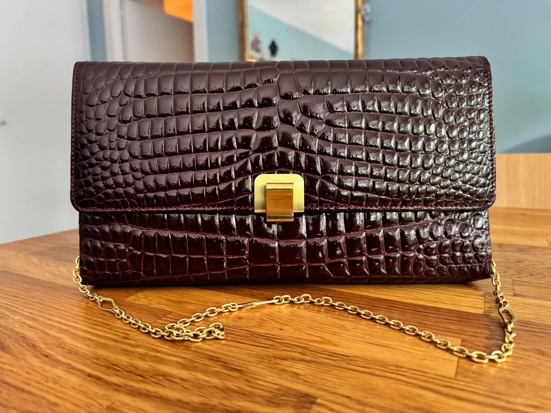 Sac à Main Vintage En Cuir Lézard Marron - Pochette Plate Rétro 25x18cm - Occasion