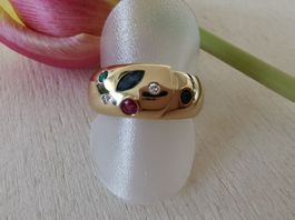 750/--  Gelbgold Damenring, Saphir, Rubin, Smaragd, Brillant
