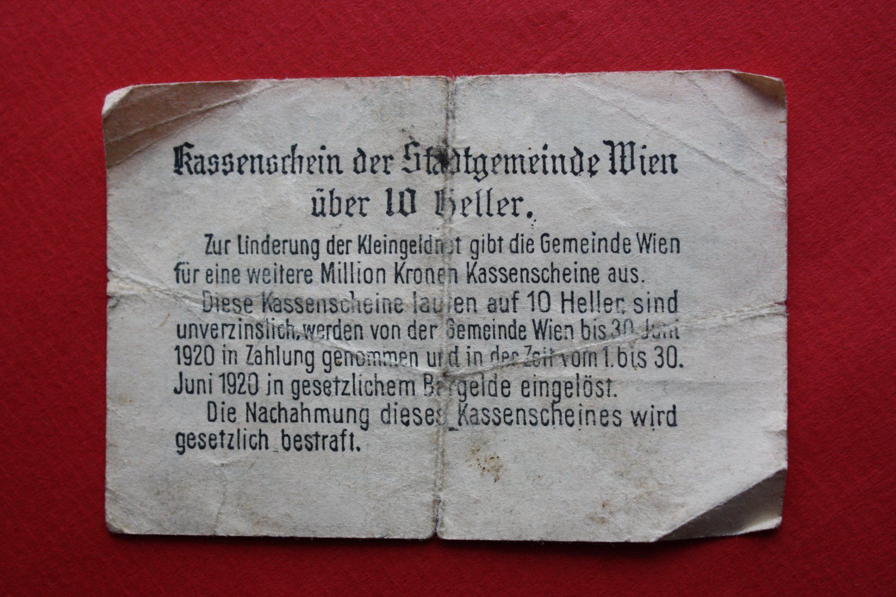 Banconote: currency receipt austria 10 heller 1919 – Usato da Laupen BE venduto da Gufi57 1