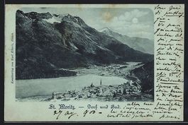 Mondschein-AK St. Moritz, Dorfansicht un