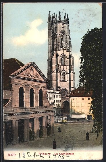 Cartoline postali: Fribourg, La Cathédrale, Strassenbahn – Usato da Berlin venduto da bartko-reher