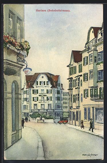 Cartoline postali: Herisau, Bahnhofstrasse mit Blick auf da – Usato da Berlin venduto da bartko-reher
