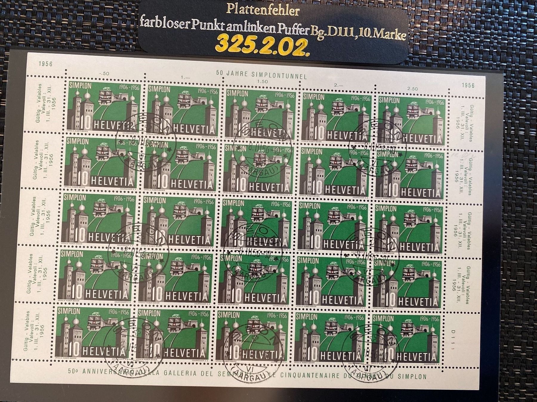 Tutti i francobolli: 1956 Nr. 325 / 624 Bogen Plattenfehler Werbemarken Simplon – Nuovo (secondo la descrizione) da Wil SG venduto da Chefsugus