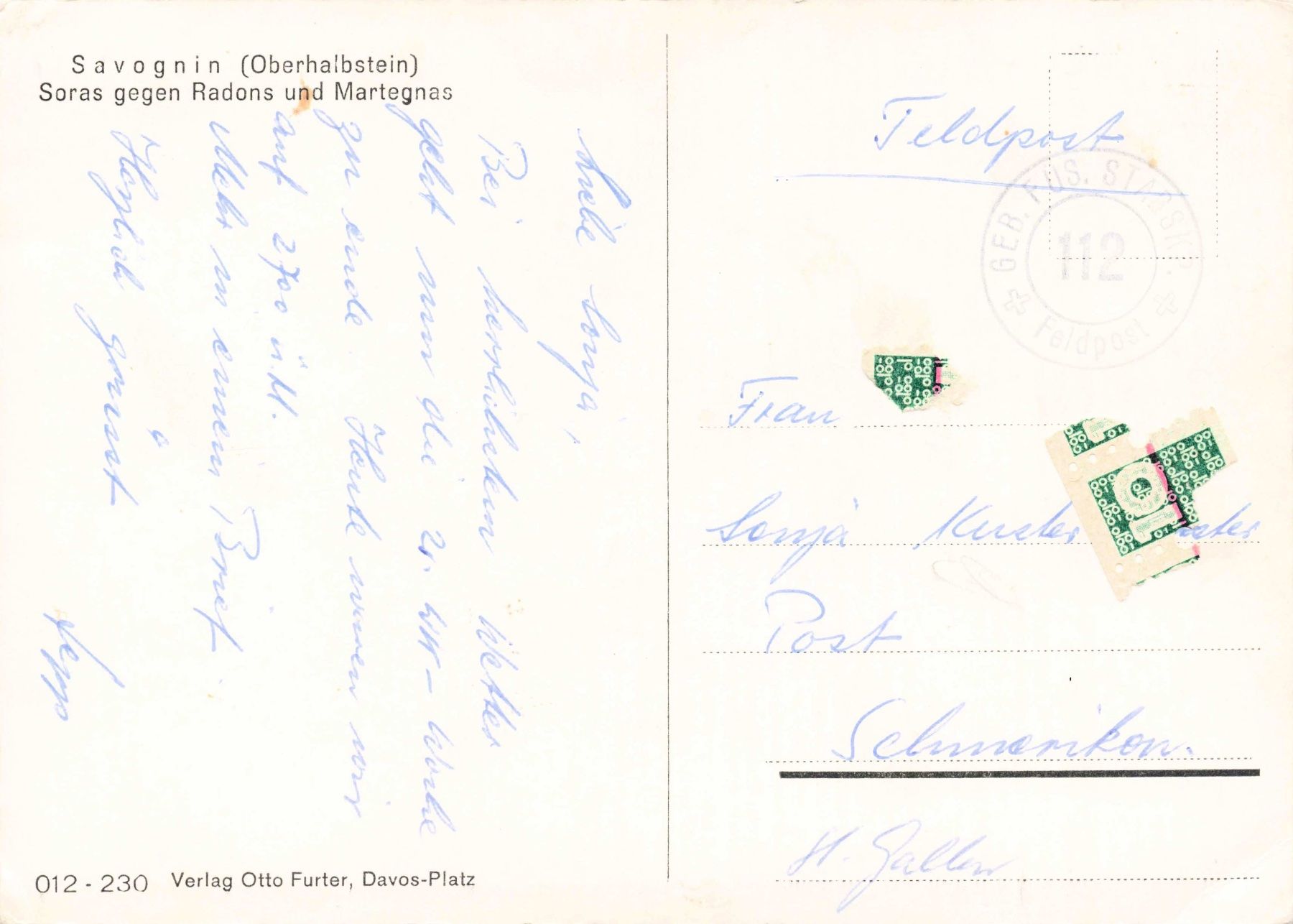 Cartoline postali: Savognin oberhalbstein G – Usato da Biasca venduto da Blenio71 1