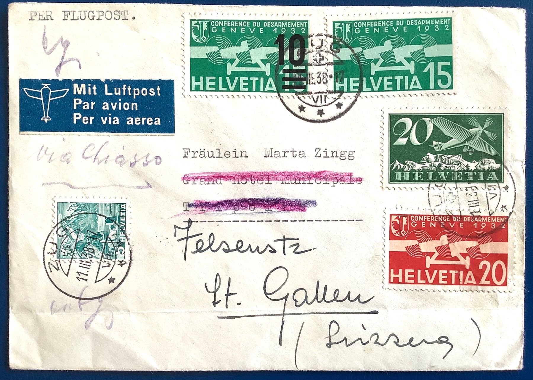 Tutti i francobolli: 1938 Flugpost Brief - Zug - Tripolis - St.Gallen – Usato da Liestal venduto da Skunk02