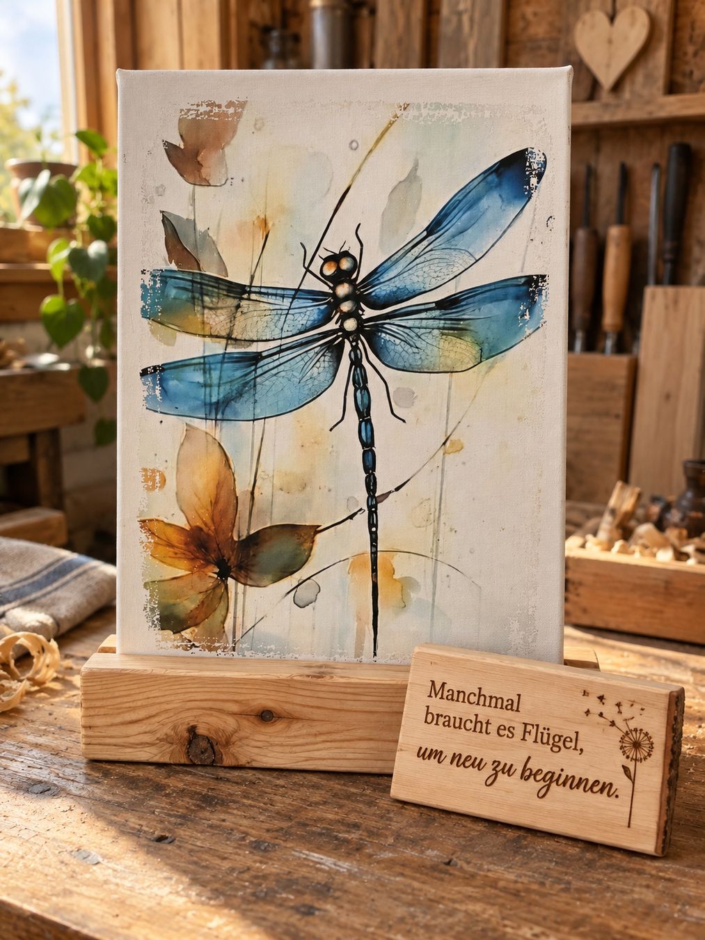 Foto & Immagini: Dekoratives Libellenbild mit Holzsockel und Spruch – Nuovo e nell'imballaggio originale da Eggiwil venduto da WQ_Emmental