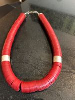 Kette Vintage Vinyl-Schallplattenperlen, rot/silber