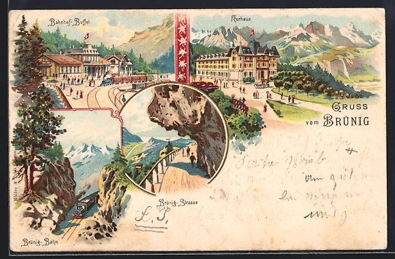 Cartoline postali: Litho Brünig, Bahnhof-Buffet, Kurhaus,  – Usato da Berlin venduto da bartko-reher