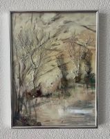 *** Bild Aquarell mit schwarzer Koralle “Ufer im Winter” ***