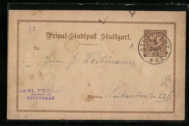 Cartoline postali: Stuttgart, Private Stadtpost, Zwei Pfenn – Usato da Berlin venduto da bartko-reher
