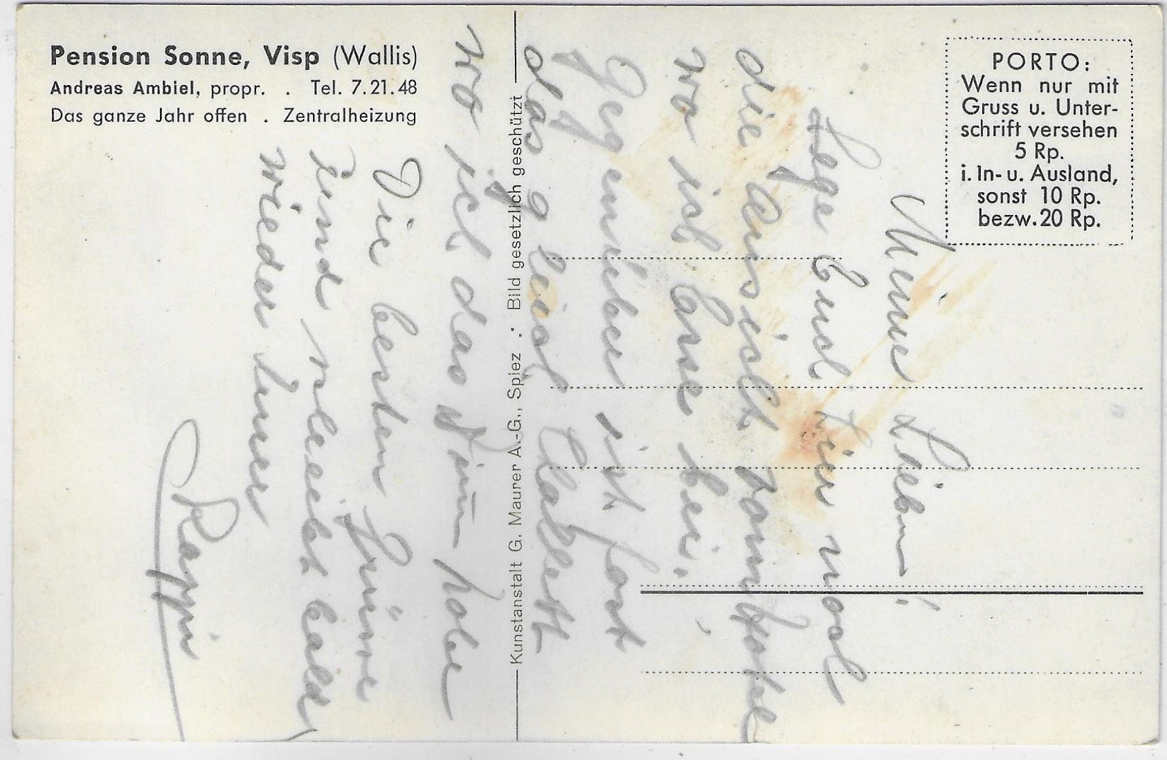 Cartoline postali: Restaurant-Pension Sonne Visp – Usato da Ettingen venduto da Kartenplanet 1