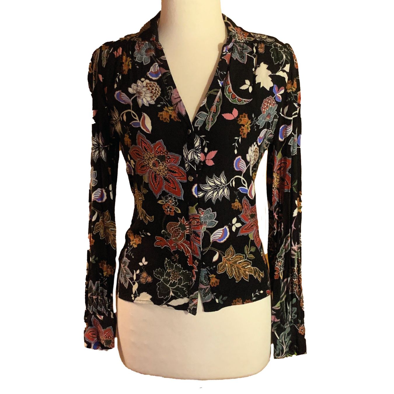 Morgan Camicette: Schwarze Bluse mit Blumenmuster und langen Ärmeln, Größe S/M – Usato da Chalais venduto da Decoarts.art