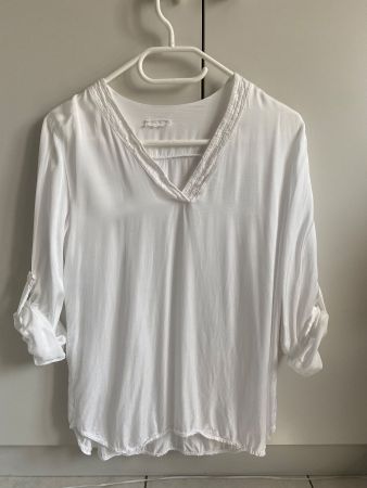 Satin Bluse mit Paillettendekor - Weiss - Grösse ca. 3