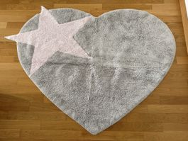 Kinderteppich Herz mit Stern Grau Rosa 150cm x 100cm