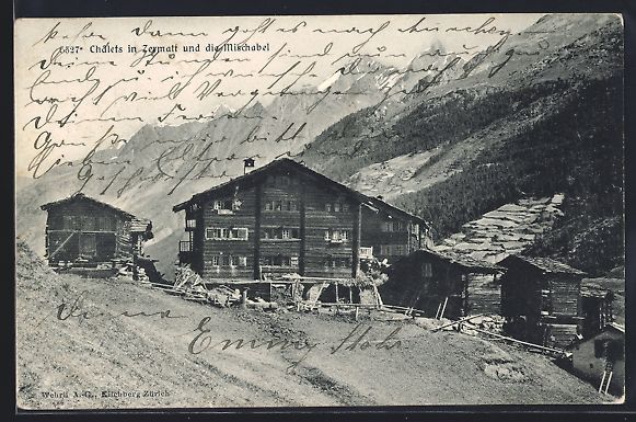 Cartoline postali: AK Zermatt, Châlets und Mischabel, 1910 – Usato da Berlin venduto da bartko-reher