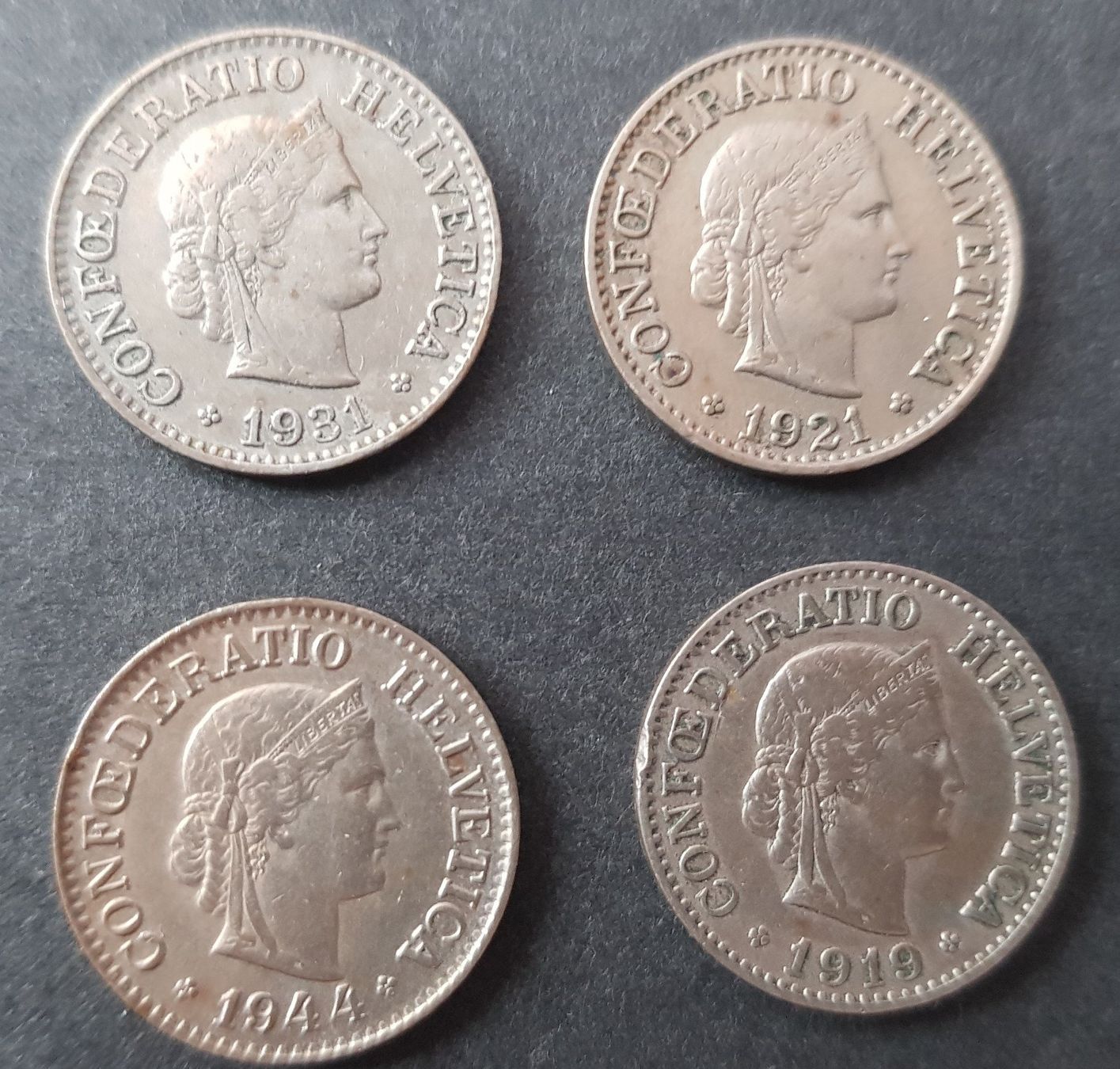 Alle Münzen: 10 Rappen 1919, 1921, 1931, 1944 – Gebraucht aus Winterthur von Saba1972