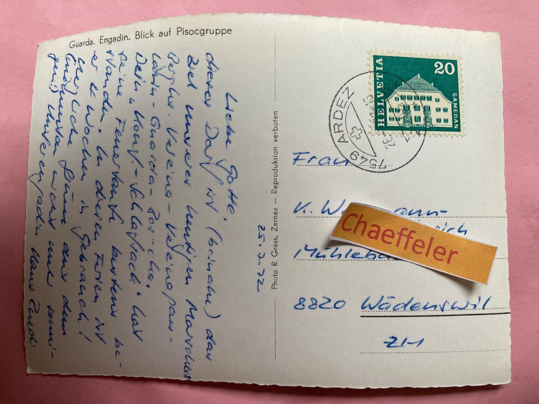 Cartoline postali: 1972 Guarda, Engadin, Blick auf Pisocgruppe – Usato da Zürich venduto da Chaeffeler 1