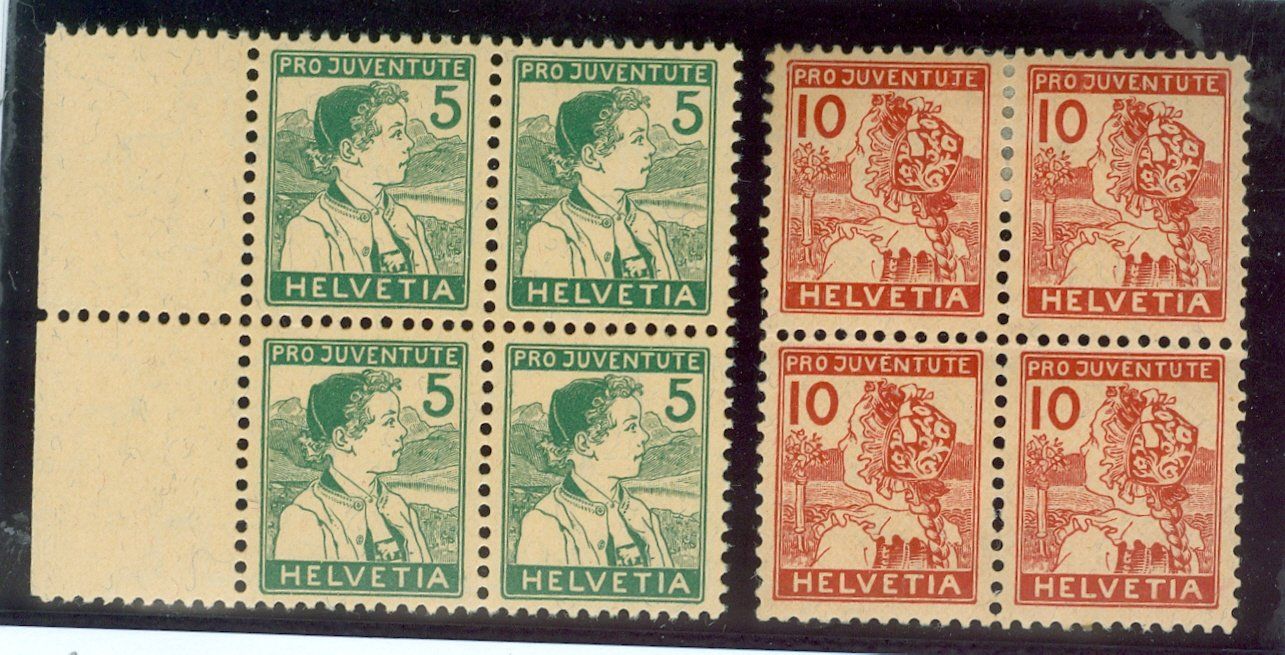 Tutti i francobolli: 1915 Schweiz Pro Juventute Viererblocks – Usato da Zürich venduto da yago-rot
