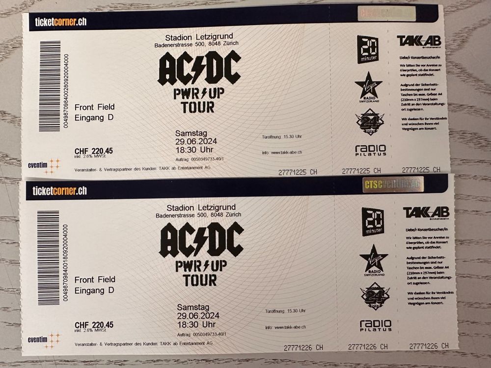 AC / DC TICKETS FRONT FIELD (Neuf (Voir description)) à pour CHF 800 ...