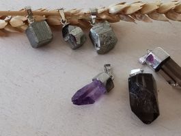 6 Stk. Anhänger Pyrit, Rauchquarz-& Amethyst-Spitzen
