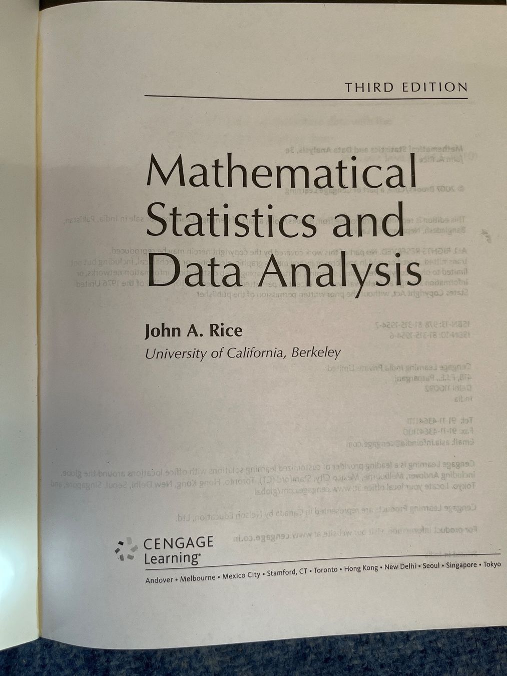 Livres: Mathematical Statistics and Data Analysis by John Rice – D'occasion à Baar par Lykebar 1