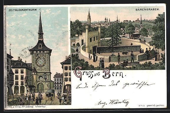 Cartoline postali: Litho Bern, Zeitglockenturm und Bärengr – Usato da Berlin venduto da bartko-reher