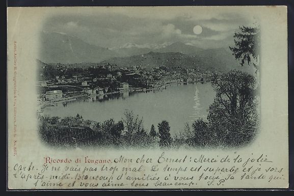 Cartoline postali: Mondschein-AK Lugano, Panorama mit Berge – Usato da Berlin venduto da bartko-reher