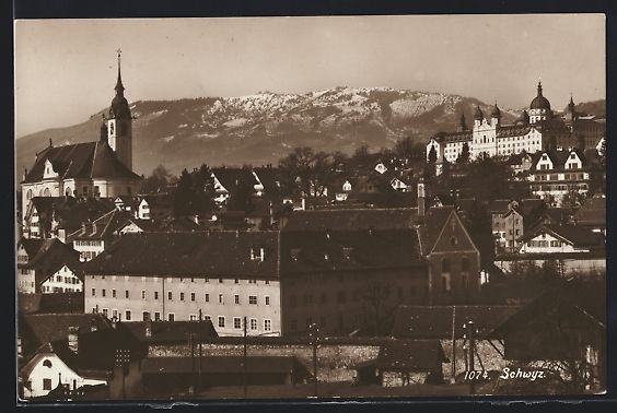 Cartoline postali: AK Schwyz, Teilansicht mit Kirche – Usato da Berlin venduto da bartko-reher