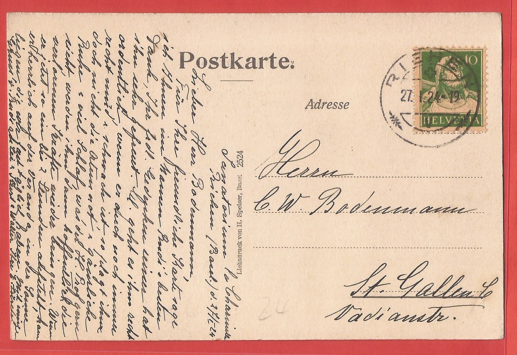 Cartoline postali: Riehen - Sanatorium Charmille - 1924 – Usato da Fislisbach venduto da Porano 1