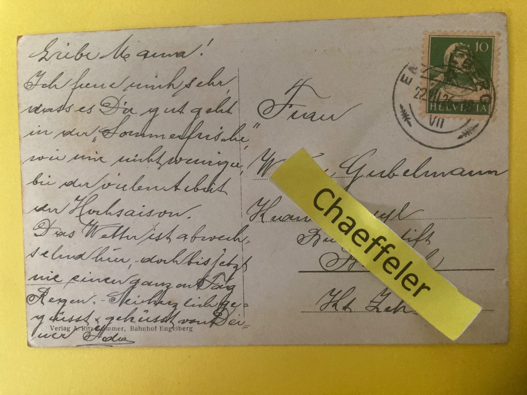 Cartoline postali: 1926. Engelberg -Auf der Alp – Usato da Zürich venduto da Chaeffeler 1