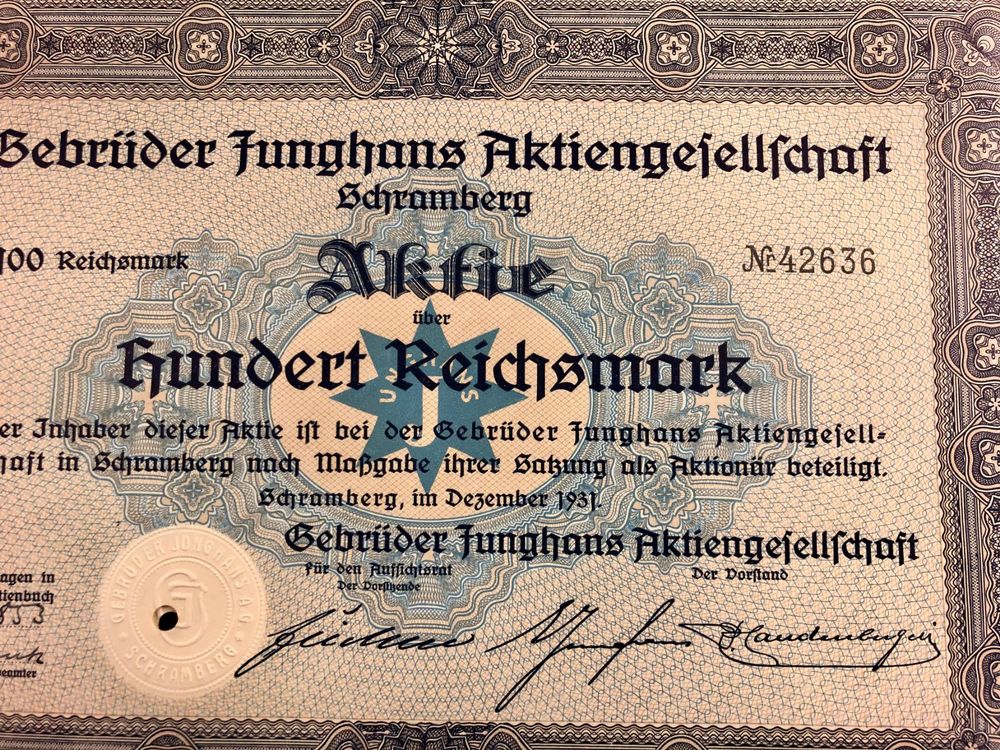 historisches Wertpapier 100 Reichsmark Junghans Aktienges