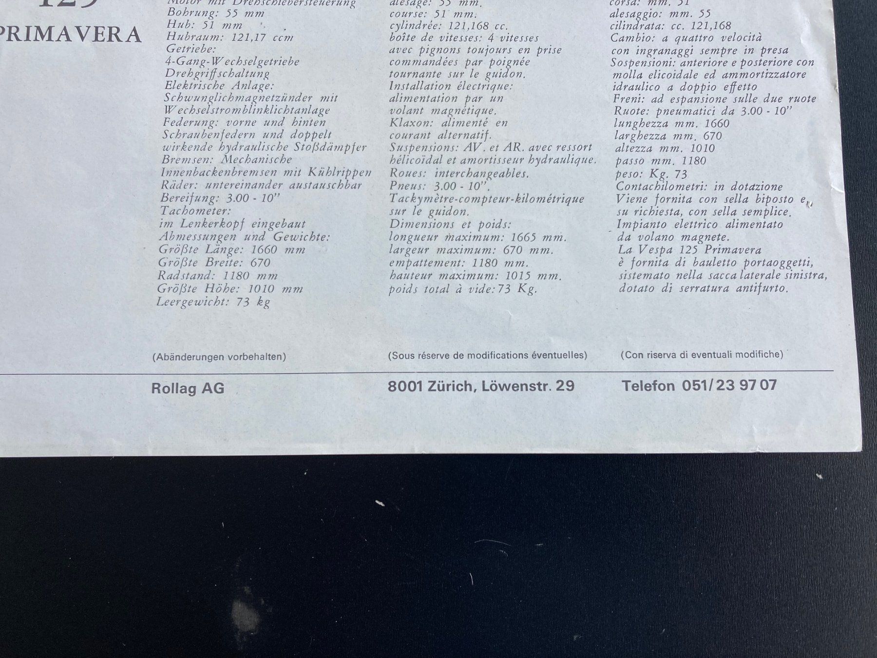Vespa Alle Rollerersatzteile: Vespa 125 Primavera Prospektblatt, 1970 – Gebraucht aus Dübendorf von vesparazzo 1