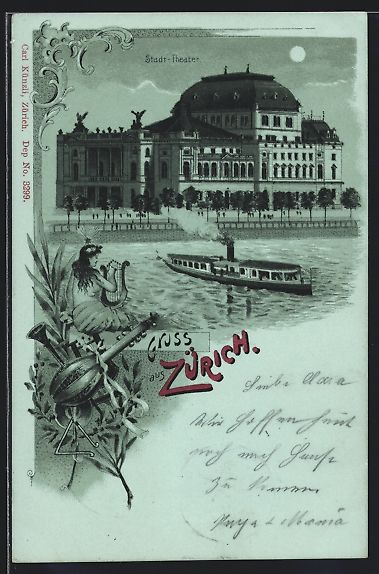 Cartoline postali: Mondschein-Lithographie Zürich, Dampfer – Usato da Berlin venduto da bartko-reher