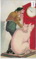 Humor - Schwein mit Bauer auf der Waage - Litho