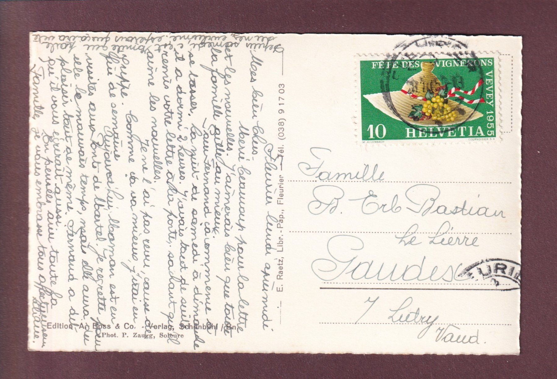 Cartoline postali: FLEURIER - Vue aérienne - 1955 – Usato da Pully venduto da nicecards 1