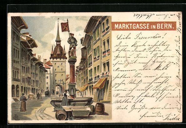 Cartoline postali: Litho Bern, Marktgasse mit Brunnen, 1900 – Usato da Berlin venduto da bartko-reher