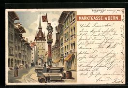 Litho Bern, Marktgasse mit Brunnen, 1900