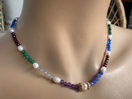 Edelstein Halskette Collier 42 Granat Perlen Labradorit NEU