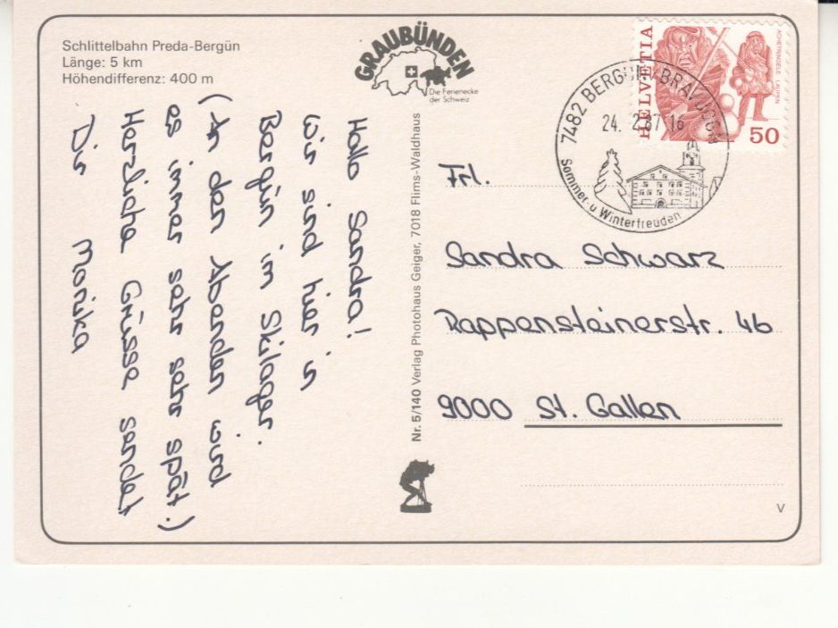 Ansichtskarten: Preda Schlittelbahn 1987 – Gebraucht aus Bürglen TG von StampGraf 1