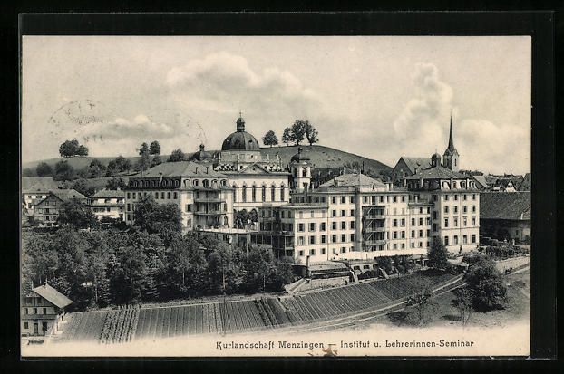 Cartoline postali: Menzingen, Blick auf Institut und Lehrer – Usato da Berlin venduto da bartko-reher