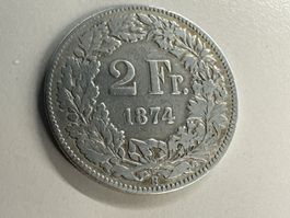 2 Fr. Silber Schweiz 1874 s+
