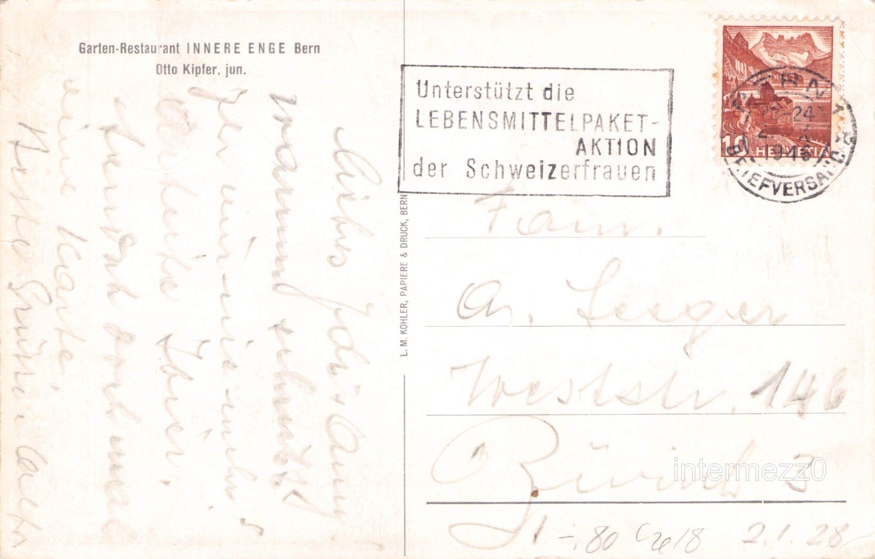 Cartoline postali: Bern // 1956 Garten-Restaurant Innere Enge – Usato da Basel venduto da intermezzo12 1
