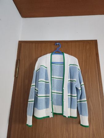 Cardigan  Marc cain tricot rayé bleu blanc vert taille L/XL 