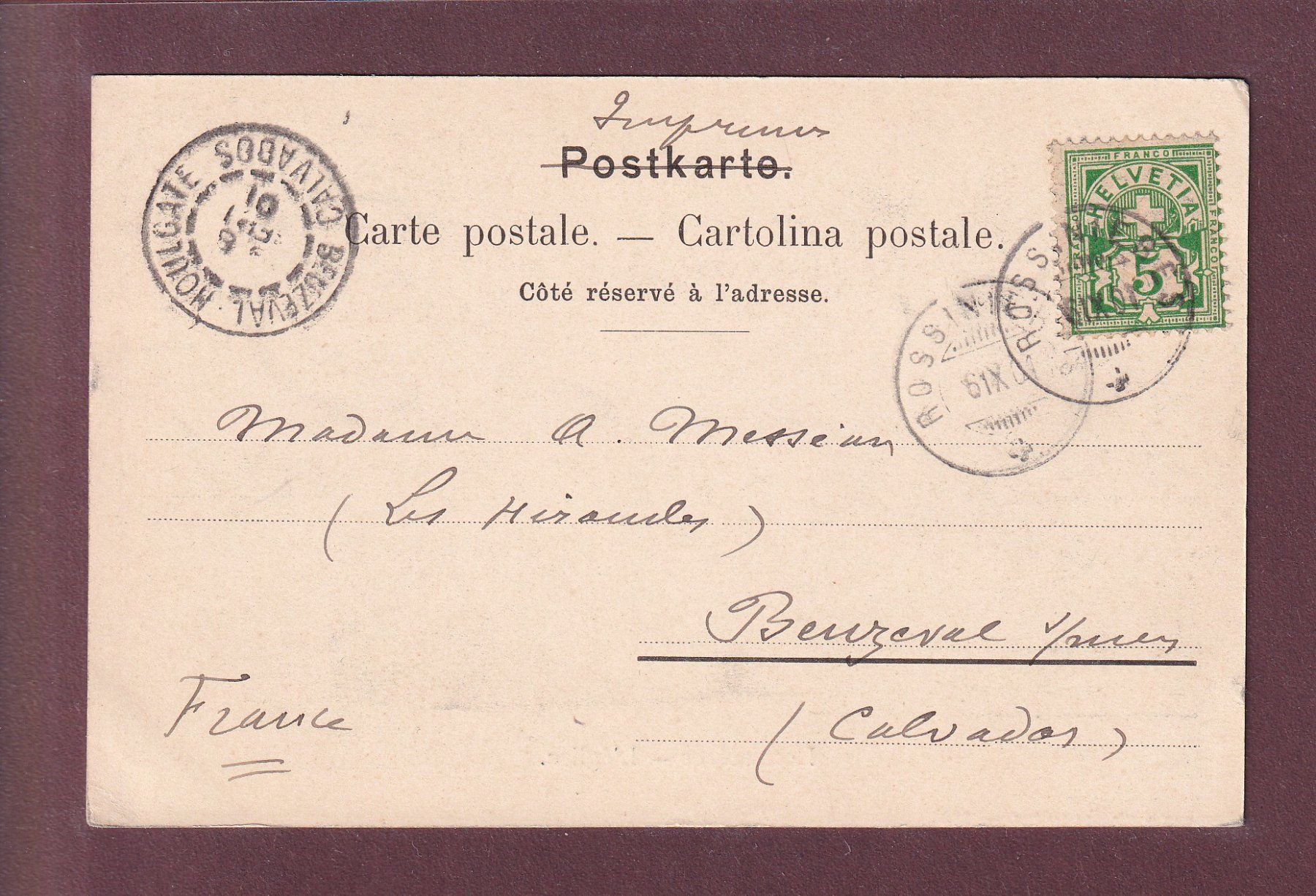 Cartoline postali: ROSSINIERES - Eglise - 1901 – Usato da Pully venduto da nicecards 1
