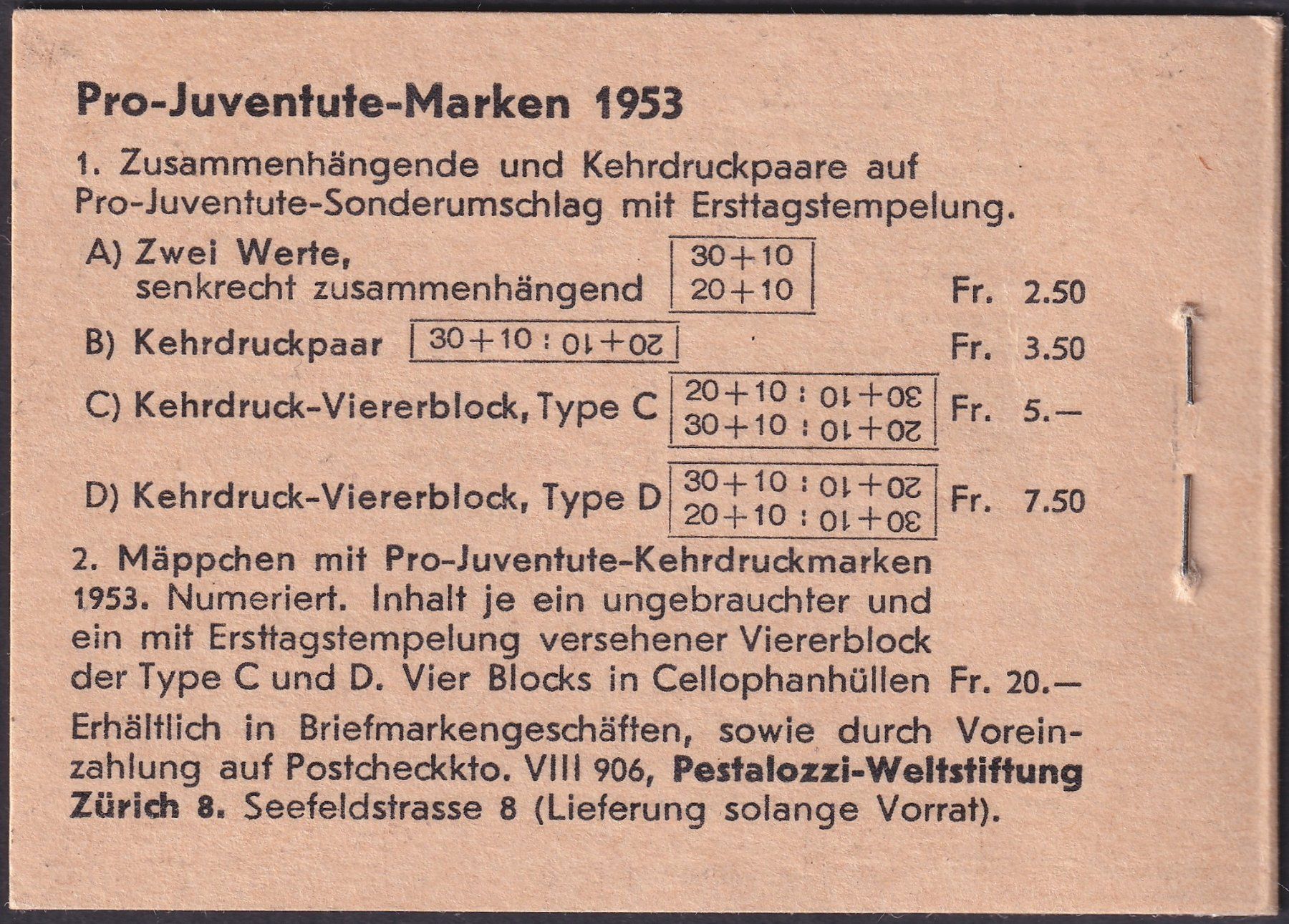 Tutti i francobolli: 1953, Markenheft Nr.2. postfrisch Pro Juventute, Kat: 140.- – Usato da Sursee venduto da Luzernerraute 4