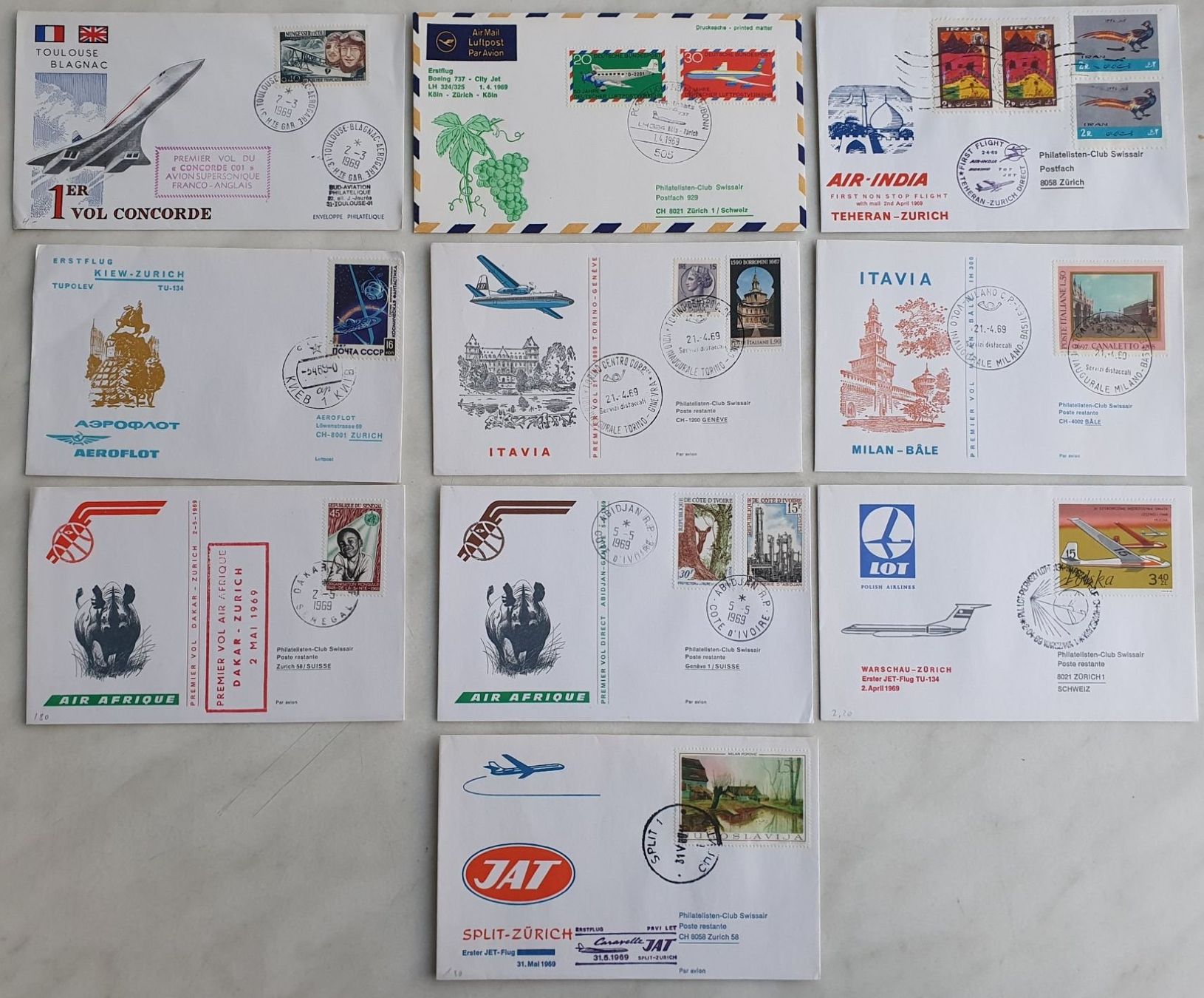 Alle Briefmarken: 10 Erstflüge 1969 – Gebraucht aus Fislisbach von Zigzag12