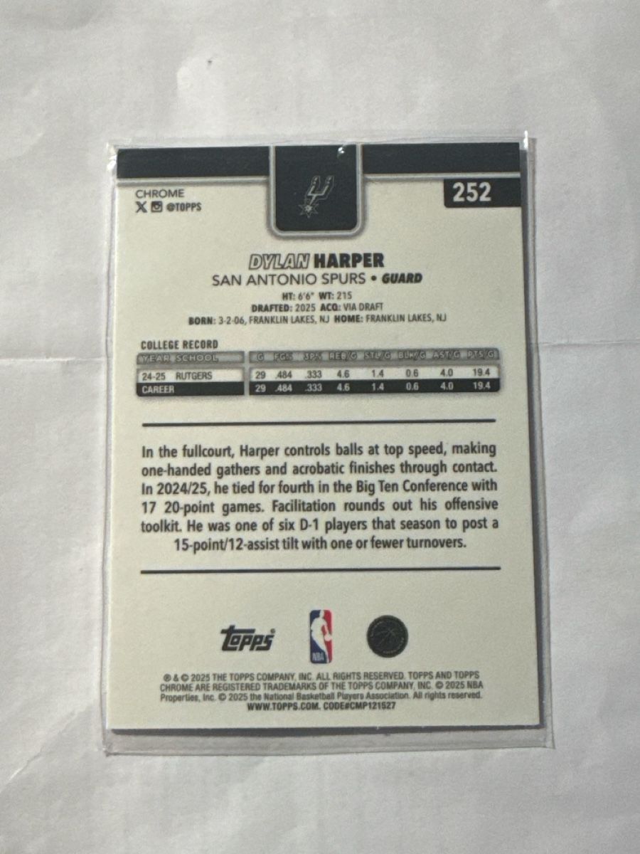 Topps Cartes à collectionner: 2025-26 Topps Chrome Base #252 Dylan Harper RC Spurs – Neuf (Voir description) à Baar par sp7ni 1