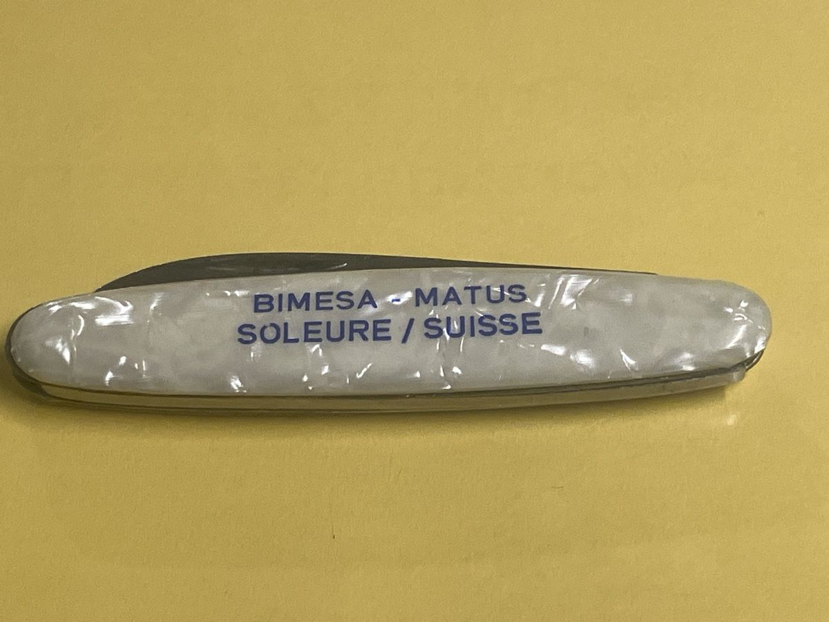 Coltelli tascabile: Sackmesser perlmut mit Bimesa Werbung – Usato da Erlenbach im Simmental! venduto da Simmentaler-Perlen